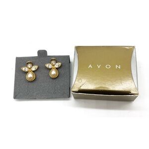 AVON Vintage Gold Tone Faux Pearl, Clear Rhinestones Angel Earrings, Signed